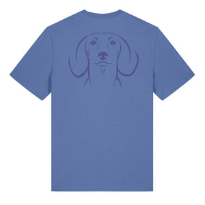 Blue outline illustration of the head of a Dachshund on the back of a bright blue unisex t-shirt