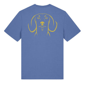 Gold outline illustration of the head of a Dachshund on the back of a bright blue unisex t-shirt