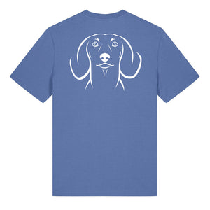 White outline illustration of the head of a Dachshund on the back of a bright blue unisex t-shirt