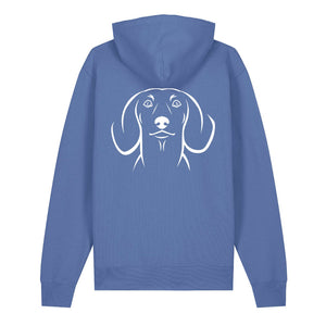 White outline illustration of the head of a Dachshund on the back of a bright blue unisex Hoodie
