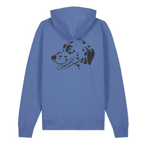 Black outline illustration of the head of a Dalmatian on the back of a bright blue unisex Hoodie