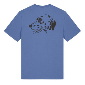Black outline illustration of the head of a Dalmatian on the back of a bright blue unisex t-shirt