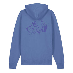 Blue outline illustration of the head of a Dalmatian on the back of a bright blue unisex Hoodie