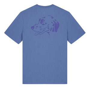 Blue outline illustration of the head of a Dalmatian on the back of a bright blue unisex t-shirt