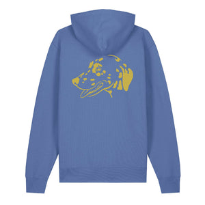 Gold outline illustration of the head of a Dalmatian on the back of a bright blue unisex Hoodie