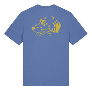 Gold outline illustration of the head of a Dalmatian on the back of a bright blue unisex t-shirt