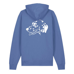 White outline illustration of the head of a Dalmatian on the back of a bright blue unisex Hoodie