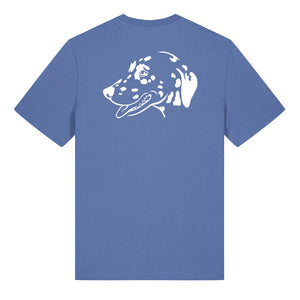 White outline illustration of the head of a Dalmatian on the back of a bright blue unisex t-shirt