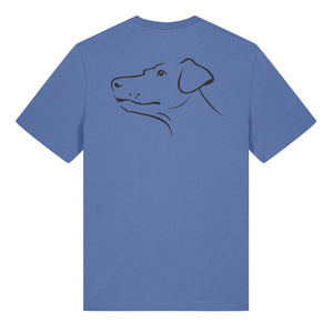 Black outline illustration of the head of a Dobermann on the back of a bright blue unisex t-shirt