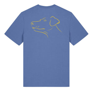 Gold outline illustration of the head of a Dobermann on the back of a bright blue unisex t-shirt