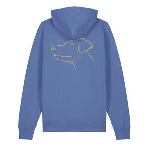 Gold outline illustration of the head of a Dobermann on the back of a bright blue unisex Hoodie