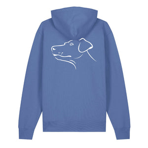 White outline illustration of the head of a Dobermann on the back of a bright blue unisex Hoodie