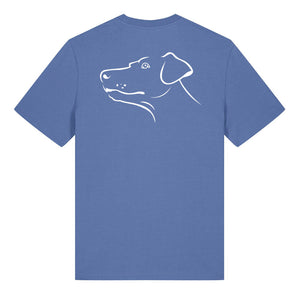 White outline illustration of the head of a Dobermann on the back of a bright blue unisex t-shirt