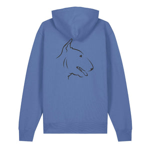 Black outline illustration of the head of an English Bull Terrier on the back of a bright blue unisex Hoodie