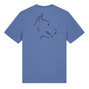 Black outline illustration of the head of an English Bull Terrier on the back of a bright blue unisex t-shirt