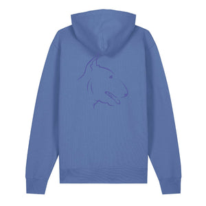 Blue outline illustration of the head of an English Bull Terrier on the back of a bright blue unisex Hoodie