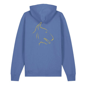 Gold outline illustration of the head of an English Bull Terrier on the back of a bright blue unisex Hoodie