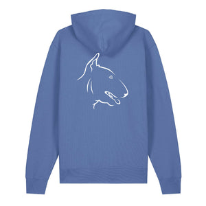 White outline illustration of the head of an English Bull Terrier on the back of a bright blue unisex Hoodie