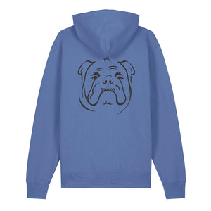 Black outline illustration of the head of an English Bulldog on the back of a bright blue unisex Hoodie