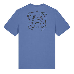 Black outline illustration of the head of a English Bulldog on the back of a bright blue unisex t-shirt