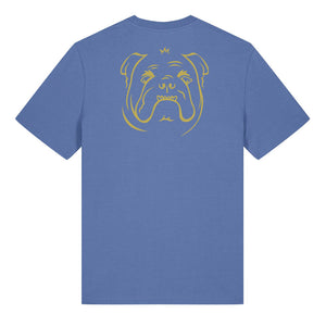 Gold outline illustration of the head of a English Bulldog on the back of a bright blue unisex t-shirt