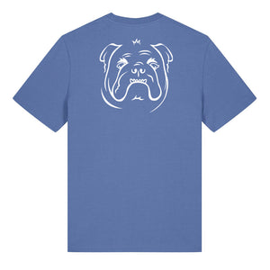 White outline illustration of the head of a English Bulldog on the back of a bright blue unisex t-shirt