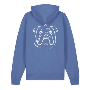 White outline illustration of the head of an English Bulldog on the back of a bright blue unisex Hoodie