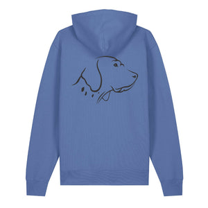 Black outline illustration of the head of an English Pointer on the back of a bright blue unisex Hoodie