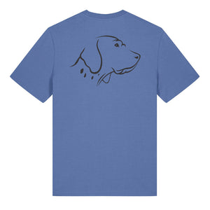 Black outline illustration of the head of an English Pointer on the back of a bright blue unisex t-shirt