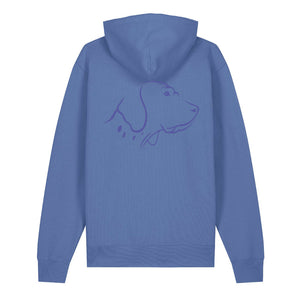 Blue outline illustration of the head of an English Pointer on the back of a bright blue unisex Hoodie