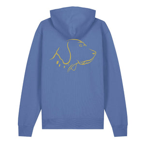 Gold outline illustration of the head of an English Pointer on the back of a bright blue unisex Hoodie