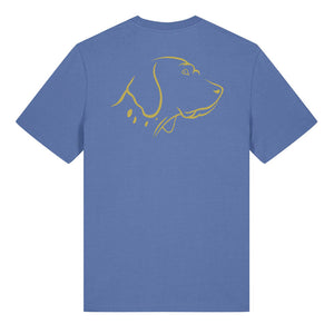 Gold outline illustration of the head of an English Pointer on the back of a bright blue unisex t-shirt