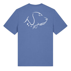 White outline illustration of the head of an English Pointer on the back of a bright blue unisex t-shirt