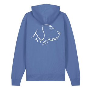 White outline illustration of the head of an English Pointer on the back of a bright blue unisex Hoodie