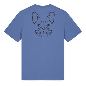 Black outline illustration of the head of a French Bulldog on the back of a bright blue unisex t-shirt