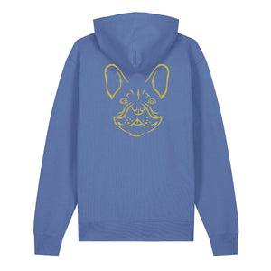 Gold outline illustration of the head of a French Bulldog on the back of a bright blue unisex Hoodie