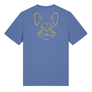 Gold outline illustration of the head of a French Bulldog on the back of a bright blue unisex t-shirt
