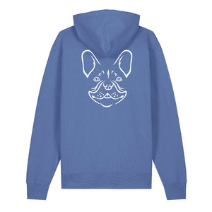 White outline illustration of the head of a French Bulldog on the back of a bright blue unisex Hoodie