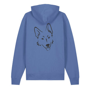 Black outline illustration of the head of a German Shepherd on the back of a bright blue unisex Hoodie
