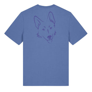 Blue outline illustration of the head of a German Shepherd on the back of a bright blue unisex t-shirt