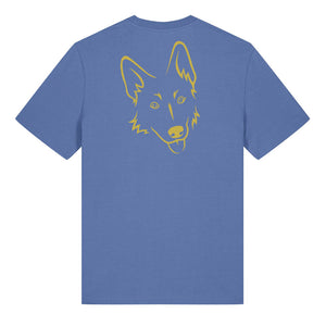 Gold outline illustration of the head of a German Shepherd on the back of a bright blue unisex t-shirt