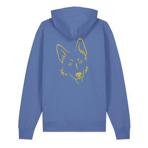 Gold outline illustration of the head of a German Shepherd on the back of a bright blue unisex Hoodie