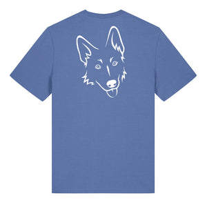 White outline illustration of the head of a German Shepherd on the back of a bright blue unisex t-shirt