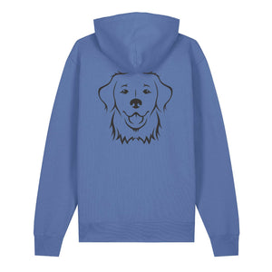 Black outline illustration of the head of a Golden Retriever on the back of a bright blue unisex Hoodie