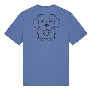 Black outline illustration of the head of a Golden Retriever on the back of a bright blue unisex t-shirt