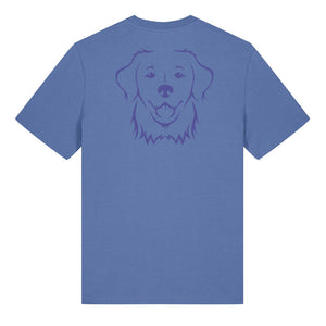 Blue outline illustration of the head of a Golden Retriever on the back of a bright blue unisex t-shirt