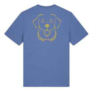 Gold outline illustration of the head of a Golden Retriever on the back of a bright blue unisex t-shirt