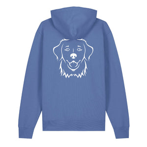 White outline illustration of the head of a Golden Retriever on the back of a bright blue unisex Hoodie