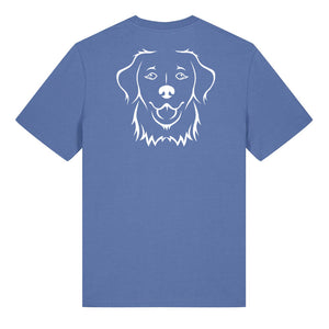 White outline illustration of the head of a Golden Retriever on the back of a bright blue unisex t-shirt