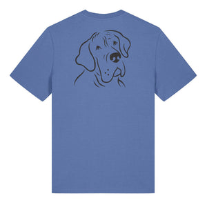 Black outline illustration of the head of a Great Dane on the back of a bright blue unisex t-shirt